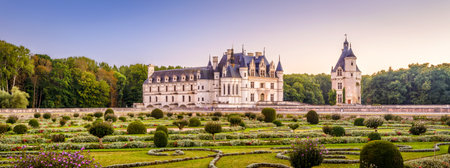 Castle or chateau de Chenonceau, France. This Renaissance castle is one of the main landmarks in France. Scenic panoramic view of the castle with beautiful garden. Scenery of French castle in summer.のeditorial素材