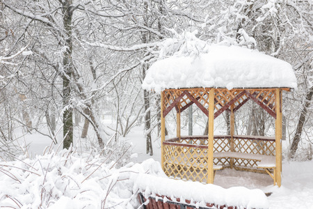 Snowy summerhouse in winter, Moscow, Russia. Empty urban park during snowfall. Scenic view of the...