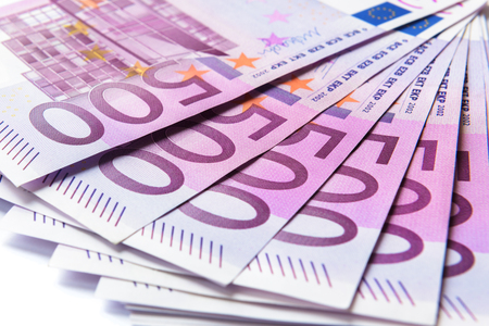 500 euro money banknotes like a fan isolated on a white background. Five hundred notes of European...