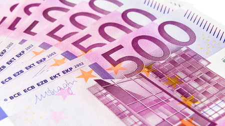 500 euro money banknotes like a fan isolated on a white background. Five hundred notes of European...