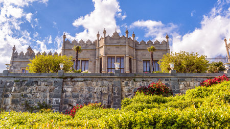 Crimea - May 20, 2016: Vorontsov Palace with landscape garden in Crimea, Russia. It is one of the main landmarks of Crimea. Panoramic scenic view of the old beautiful architecture of Crimea in summer.のeditorial素材
