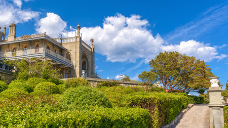 Crimea - May 20, 2016: Vorontsov Palace with landscape garden in Crimea, Russia. It is one of the main landmarks of Crimea. Panoramic scenic view of the old beautiful architecture of Crimea in summer.のeditorial素材