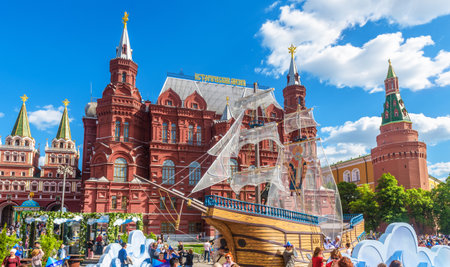 Moscow â€“ May 19, 2019: Festive decorations on Manezhnaya Square by Moscow Kremlin in summer,...