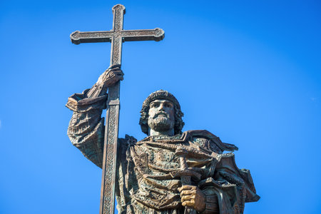 Moscow â May 19, 2019: Monument to Holy Prince Vladimir the Great near the Moscow Kremlin, Russia. Large bronze statue of St Vladimir close-up on blue sky background. It is a new landmark of Moscow.のeditorial素材
