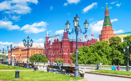 Moscow â May 19, 2019: Panorama of Manezhnaya Square by old Moscow Kremlin, Russia. It is a tourist attraction of Moscow. Scenic view of the city landmarks. Cityscape of the Moscow center in summer.のeditorial素材