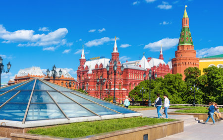 Moscow â May 19, 2019: Panorama of Manezhnaya Square by old Moscow Kremlin, Russia. It is a tourist attraction of Moscow. Scenic view of the city landmarks. Cityscape of the Moscow center in summer.のeditorial素材