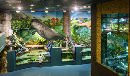 Moscow - April 2, 2018: Modern large aquarium in VDNKh park, Russia. Panoramic view of Aquatic Zoo interior. Girl teenager looks at water animals in aquarium.のeditorial素材