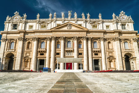St Peter's Basilica or San Pietro in Vatican City, Rome, Italy. It is a famous landmark of Rome. Front view of beautiful facade of St Peter's cathedral. Renaissance architecture of old Rome in summer.のeditorial素材
