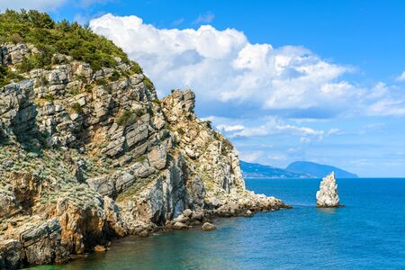 Landscape of Crimea in summer, Russia. Rocky coastline in the Black Sea. Scenic marine view of the...