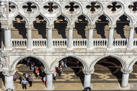 Venice, Italy - May 18, 2017: Doge`s Palace or Palazzo Ducale taken from above. It is an old famous landmark of Venice. People visit the medieval Doge`s building. Renaissance architecture of Venice.のeditorial素材