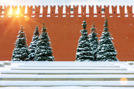 Moscow Kremlin on Red Square in winter, Russia. It is famous landmark of Moscow. Sunny view of Kremlin wall after snowfall. Detail of old fortress and fir trees under snow in the Moscow city center.のeditorial素材