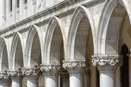 Doge`s Palace or Palazzo Ducale close-up, Venice, Italy. It is a famous tourist attraction in Venice. Facade of Gothic medieval building. Old architecture of the Renaissance in the Venice center.のeditorial素材