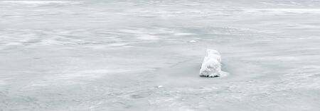 Winter landscape for horizontal banner. Ice and snow cover on frozen river. Panoramic view of snowy...