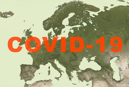 Coronavirus epidemic, word COVID-19 on Europe map.の写真素材