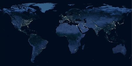 Earth at night, view of city lights showing human activity in North America, Europe and East Asia from space. World dark map on global satellite photo.の写真素材
