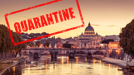 COVID-19 coronavirus in Italy, stamp Quarantine in photo of Rome and Vatican City. Italian tourist attractions closed due to novel corona virus outbreak. COVID-19 pandemic and travel concept.のeditorial素材