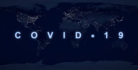 COVID-19 pandemic concept, name COVID on dark night planet map. World economy hit by coronavirus outbreak. Global crash and crisis due to COVID-19 disease. Elements of this image furnished by NASA.の写真素材
