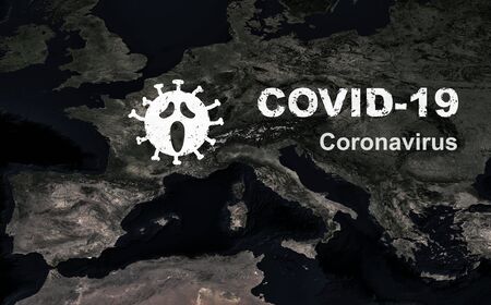 COVID-19 coronavirus in Europe, icon corona virus and inscription COVID-19 on dark planet. Global crash due to coronavirus outbreak. COVID19 pandemic concept. Elements of image furnished by NASA.の写真素材