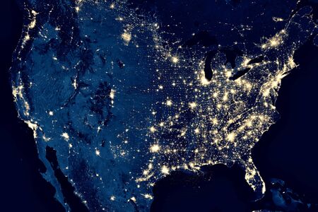 Earth at night, view of city lights in United States from space. USA on world map on global...