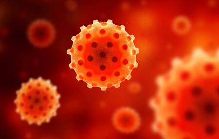 COVID-19 coronavirus background, microscopic view of SARS-CoV-2 corona virus in blood, 3d...