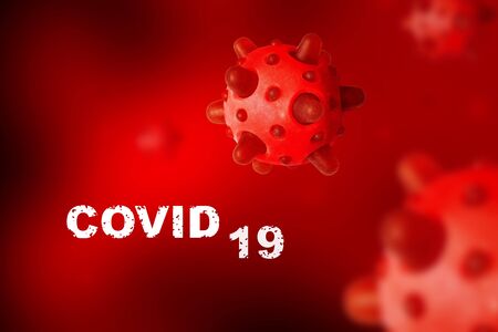 COVID-19 coronavirus banner, microscopic view of SARS-CoV-2 corona virus in blood, 3d illustration. Research of coronavirus outbreak and pandemic. Concept of microbiology and COVID diagnosis.の写真素材