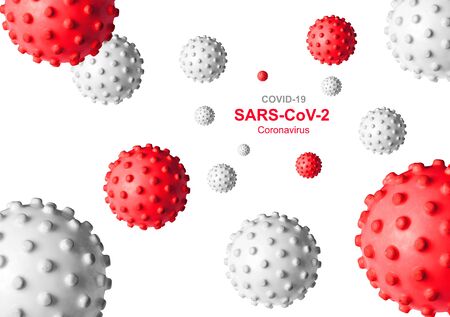 COVID-19 coronavirus banner, 3d illustration. Inscription SARS-CoV-2 coronavirus and germs on white background. Novel corona virus global outbreak. Poster with COVID19 coronavirus pandemic concept.の写真素材