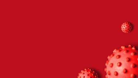 COVID-19 coronavirus background, 3d illustration. Germs on red background with copy space for your text. SARS-CoV-2 corona virus global outbreak. Banner with coronavirus pandemic concept.の写真素材