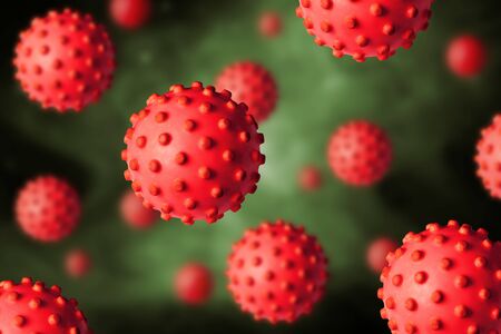 COVID-19 coronavirus or flu poster, 3d illustration, microscopic view of SARS-CoV-2 corona virus in...