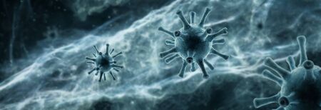 COVID-19 coronavirus panoramic banner or background, 3d illustration, microscopic view of novel...