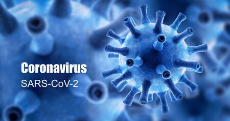 Coronavirus banner, 3d rendering, COVID-19 disease theme on blue background. Novel SARS-CoV-2 corona virus global outbreak, poster with concept of coronavirus pandemic, technology and science.の写真素材