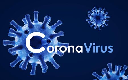 Coronavirus banner with 3d illustration, COVID-19 pandemic theme on dark blue background, poster with concept of coronavirus and technology. Stop novel SARS-CoV-2 corona virus outbreak in world.の写真素材