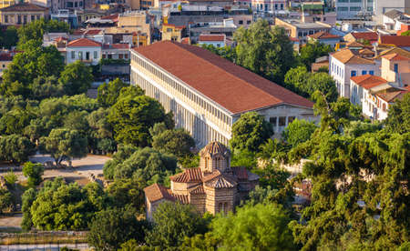 Ancient Agora with Church of Holy Apostles and Stoa of Attalos, Athens, Greece. Aerial scenic view of classical Greek ruins in Athens city center. This place is tourist attraction in old Athens.の写真素材