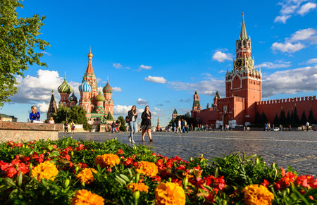 Moscow - July 23, 2020: St Basil`s cathedral and Kremlin on Red Square in Moscow, Russia. This place is famous tourist attraction of Moscow, top Russian landmark. Concept of summer travel in Moscow.のeditorial素材
