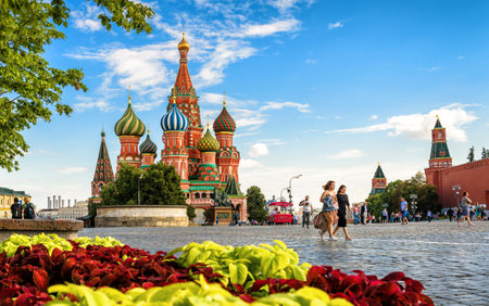 Moscow - July 20, 2020: Kremlin and St Basil`s cathedral on Red Square in Moscow, Russia. This place...