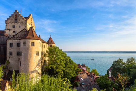 Meersburg Castle at Lake Constance or Bodensee, Germany. This medieval castle is landmark of Meersburg town. Scenic view of old German castle in summer. Nice Swabian landscape in sunset light.のeditorial素材