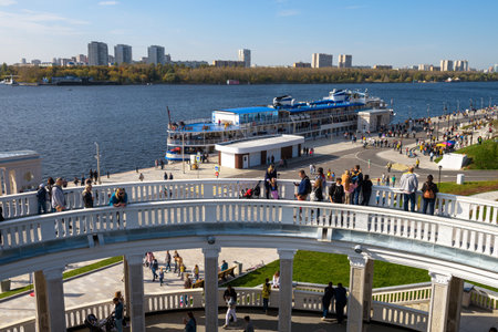 Moscow - Sep 27, 2020: Northern River Terminal (Rechnoy Vokzal) and tourist ship in Moscow, Russia. People visit old architecture in Soviet style at Moscow city north renovated in this year.のeditorial素材