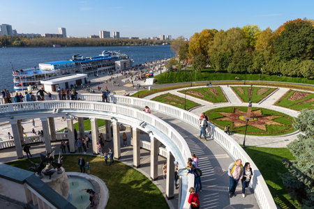 Moscow - Sep 27, 2020: Northern River Terminal (Rechnoy Vokzal) and tourist ship in Moscow, Russia. People visit old architecture in Soviet style at Moscow city north renovated in this year.のeditorial素材
