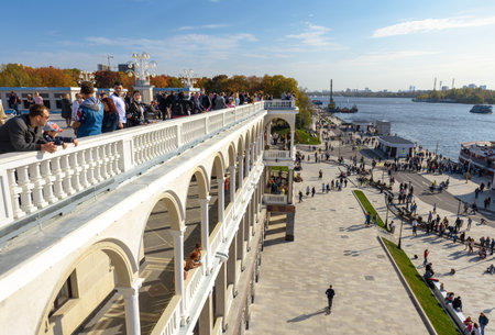 Moscow - Sep 27, 2020: Northern River Terminal, or Rechnoy Vokzal in Moscow, Russia. People visit rooftop terrace of old architecture in Soviet style at Moscow city north renovated in this year.のeditorial素材