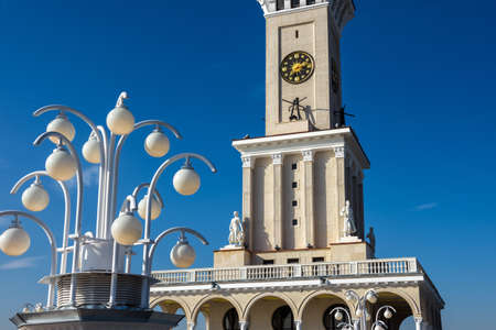 Northern River Terminal or Rechnoy Vokzal in Moscow, Russia. Old building in Stalinist style renovated in this year at Moscow city north. Monument of Soviet architecture, landmark of Moscow.の写真素材