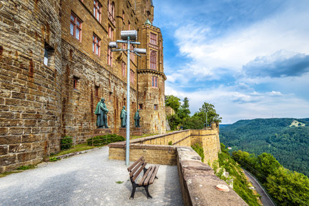 Hohenzollern Castle close-up, Germany, Europe. This great castle on mountain top is famous landmark in Stuttgart vicinity. View of strong German Gothic castle walls and towers.のeditorial素材