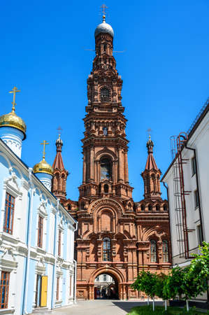 Bell tower of Epiphany Cathedral, Kazan, Tatarstan, Russia. This tall belfry is tourist attraction...