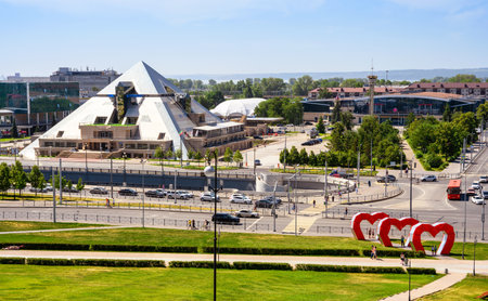 Kazan, Russia - June 16, 2021: Panorama of Kazan in summer, Tatarstan. View of Piramida restaurant on Moskovskaya street near Kremlin. Scenery of Kazan city center. Skyline on sunny day.のeditorial素材