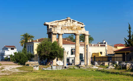 Roman Agora in summer, Athens, Greece. It is tourist attraction of Athens. Scenic view of ruins of Ancient Greek buildings in Athens city center near Plaka district. Concept of old history and travel.の写真素材
