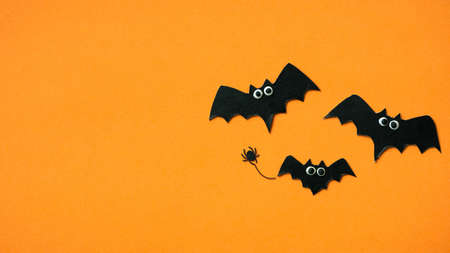 Halloween theme with funny bats, flat lay. Top view of bat family decorations on orange background with space for Hallowen text. Happy Halloween, fun party and humor concept.の写真素材