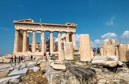 Athens - May 8, 2018: Parthenon temple on Acropolis of Athens, Greece. It is main tourist attraction of Athens. People visit Ancient Greek ruins on top of Acropolis hill in Athens city center.のeditorial素材