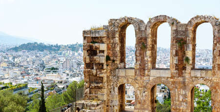 Athens panoramic view from Odeon of Herodes Atticus at Acropolis, Greece, Europe. This ancient Greek...
