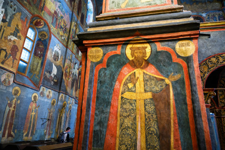 Moscow - Jun 2, 2021: Painting inside Archangel Cathedral in Moscow Kremlin, Russia. Old fresco in...