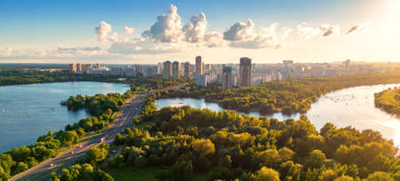 Panorama of Moscow at sunset, Russia. Nice landscape, scenery of city park and Strogino district in...