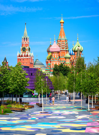 Moscow - Jul 9, 2022: Moscow Kremlin and St Basil's Cathedral, view from modern Zaryadye park, Russia. Nice vertical view of Moscow city landmarks in summer. Travel and sightseeing of Russia themeのeditorial素材