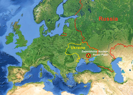 Zaporizhzhia Nuclear Power Plant in Ukraine on Europe map, hot spot of Russia-Ukraine war. Theme of Zaporizhzhia station, map, border, World crisis and danger.の写真素材